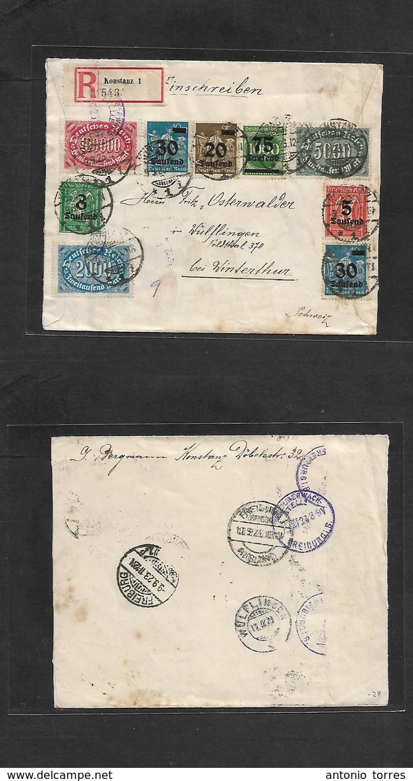 Germany 1921-4. 1923 (9 Sept) Konstanz - Switzerland, Winterthur (12 Sept) Registered Multifkd Inflation Period Envelope - Other & Unclassified