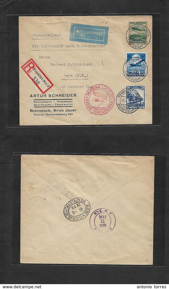 Germany - Xx. 1936 (29 April) Frankfurt - USA, NY, Reye (11 May) Registered Air Multifkd Env. VF + Printed Air Label Wit - Autres & Non Classés
