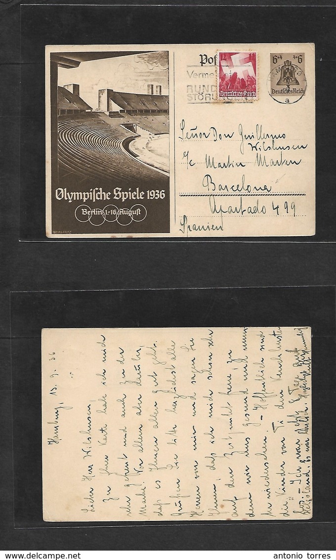 Germany - Xx. 1936 (13 Sept) Hamburg - Spain, Barcelona (Republican Side) Olympics Illustrated 6*4pf Stat Card + Adtl Un - Autres & Non Classés