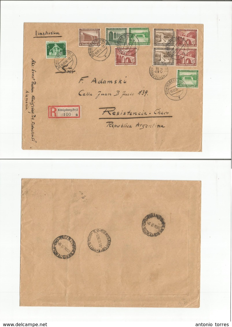 Germany - Xx. 1936 (15 Dec) Koningsberg - Argentina, Resistencia, Chaco (11 Enero) Registered Multifkd Envelope. Fine. - Other & Unclassified