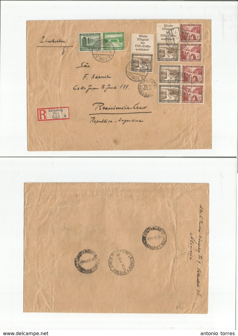 Germany - Xx. 1937 (4 Jan) Konigsberg - Argentina, Resistencia (1 Feb) Registered Multifkd Env + Dest. - Other & Unclassified