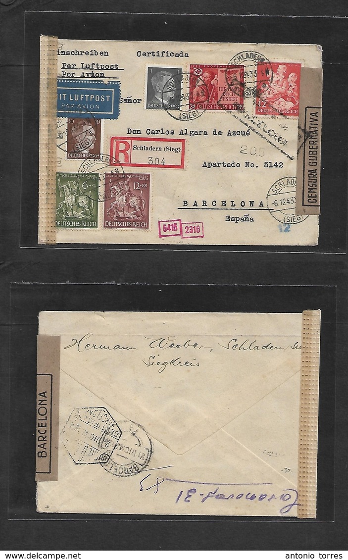 Germany - Xx. 1943 (6 Dec) Schladern - Spain, Barcelona (21 Dec) Registered Air Multifkd Envelope, Nazi + Spanish Censor - Other & Unclassified