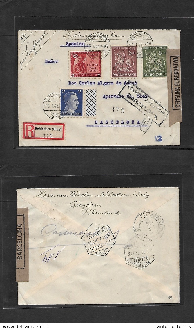 Germany - Xx. 1944 (15 Jan) Schladern - Spain, Barcelona (24 Enero) Registered Air Multifkd Envelope. VF. - Autres & Non Classés