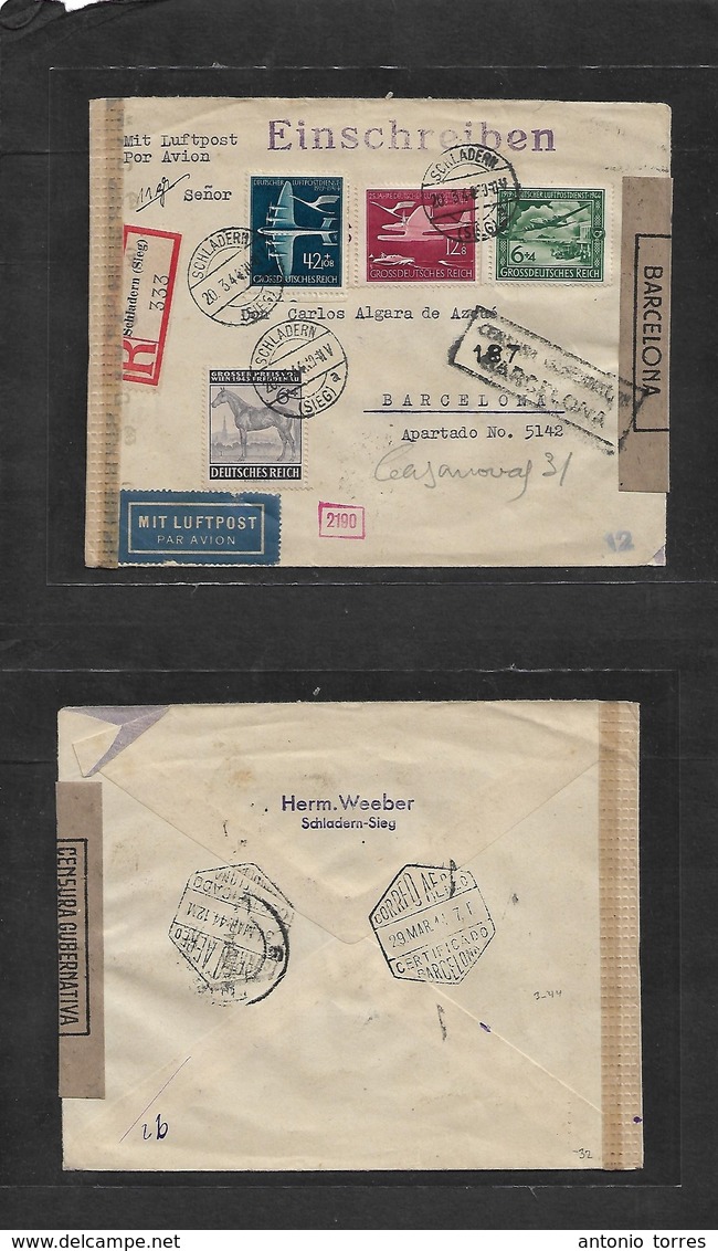 Germany - Xx. 1944 (20 March) Schladern - Spain, Barcelona (29 March) Registered Air Multifkd Dual Censored Envelope. Fi - Autres & Non Classés