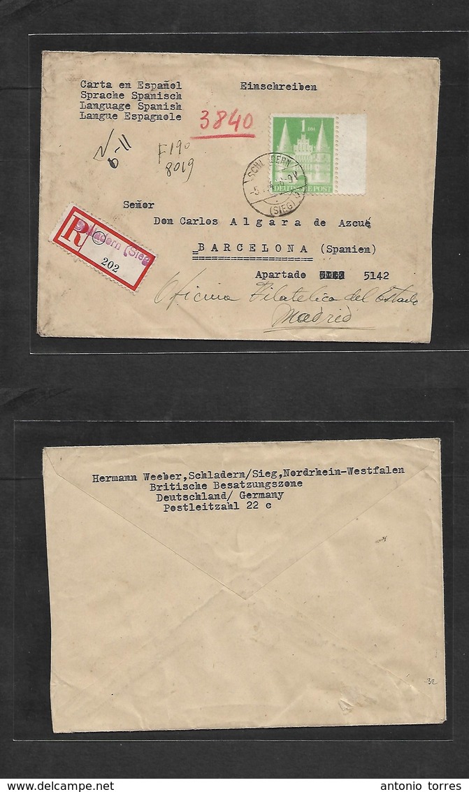 Germany - Xx. 1948 (5 Jan) Schladern - Spain, Barcelona. Registered Single 1 DM Green Fkd Env + Label Scarce Spain Desti - Autres & Non Classés