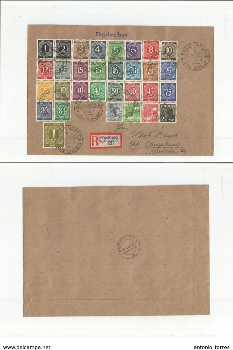 Germany - Xx. 1948 (22 Unio) Friedberg - Augsburg (23 June) Registered Multifkd Env. 31 Diff Vals With Arrival. Opportun - Other & Unclassified