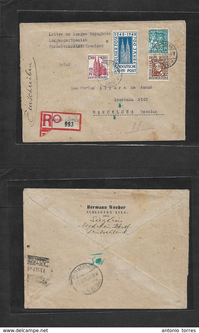 Germany - Xx. 1948 (10 Sept) Schladern - Spain, Barcelona (15 Sept) Registered Multifkd Env. Fine + Unusual Early After  - Autres & Non Classés