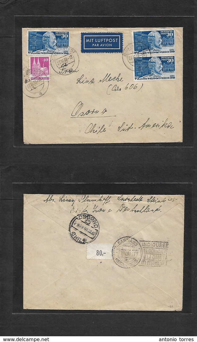 Germany - XX. 1949 (27 Oct) Sarstadt - Chile, Osorno (2-3 Nov) Air Multifkd Envelope. VF + Scarce Period Usage. - Autres & Non Classés