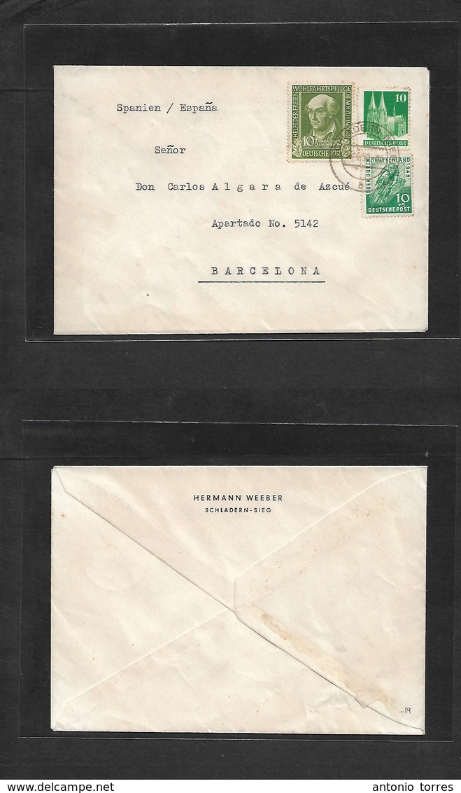 Germany - Xx. 1950 (4 April) Schladern - Spain, Barcelona. Mix Issues Multifkd Envelope. VF. - Other & Unclassified