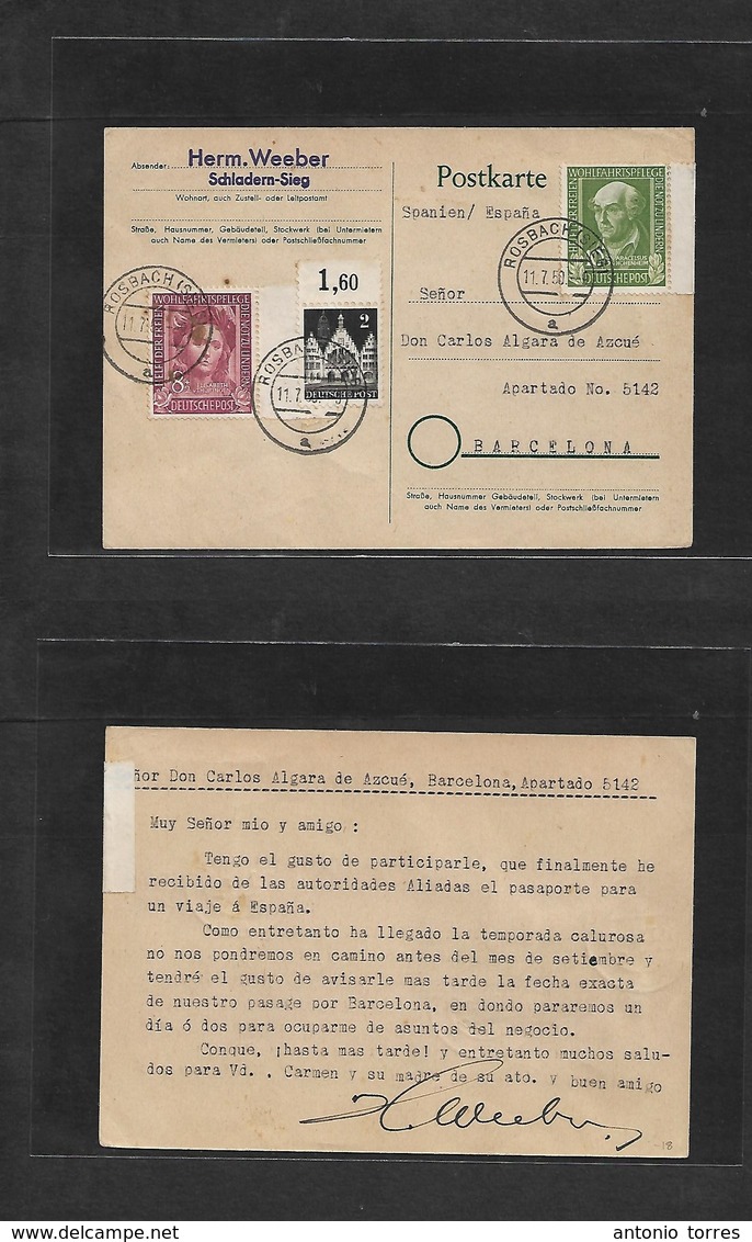 Germany - Xx. 1950 (11 July) Rosbach - Spain, Barcelona. Multifkd Private Card. Fine Used + Dest. - Autres & Non Classés