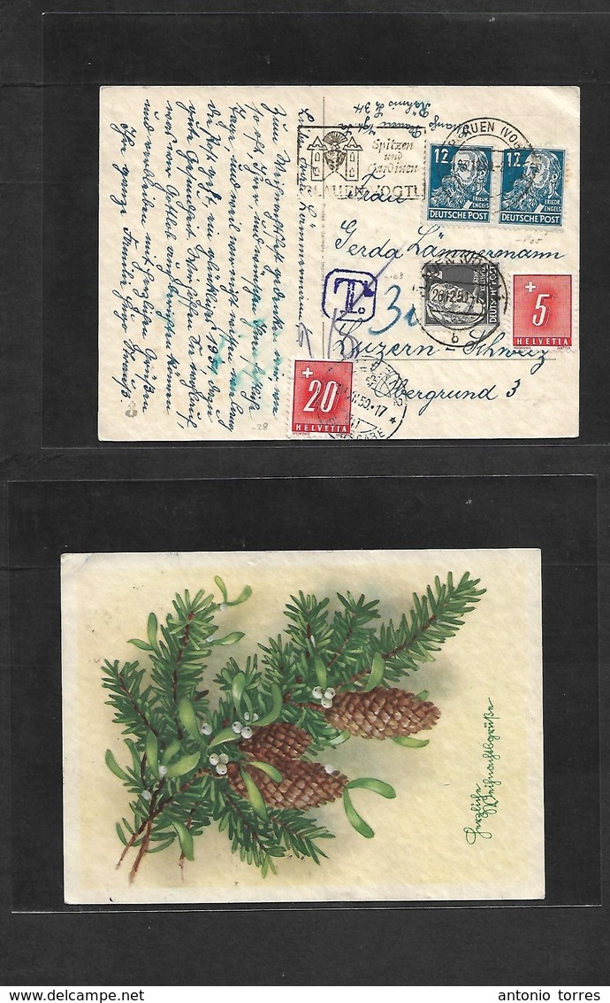 Germany - Xx. 1950 (26 Dec) East Germany. Lauen (Vogt) - Switzerland, Luzern (31 Dec) Multifkd Christmas Card, Slogan Ca - Autres & Non Classés