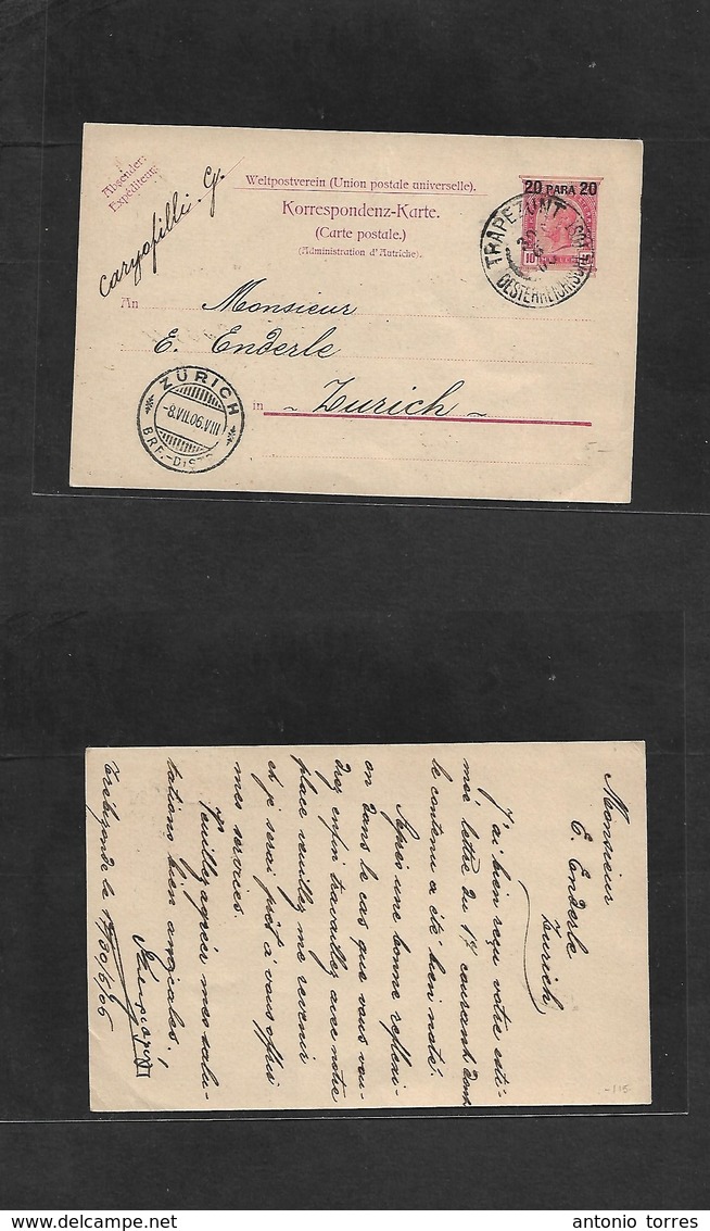 German Levant. 1906 (30 June) Trapezunt - Switzerland, Zurich (8 July) 20 Para Ovptd Red Stat Card. VF + Scarce Origin T - Otros & Sin Clasificación