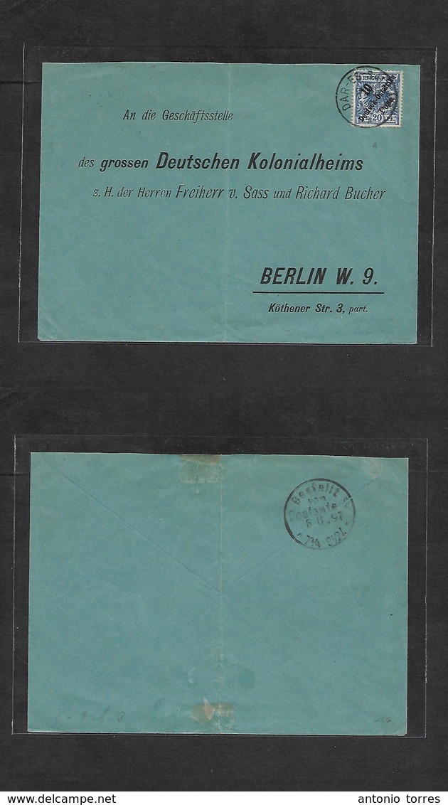 German Col-East Africa. 1897. DES - Berlin. 10 Pesa Early Ovptd / 20p Blue Issue Fkd Env. Deutsche Kolonialheims Busines - Other & Unclassified