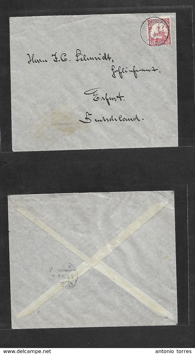 German Col-East Africa. 1900 (5 Feb) MUANZA - Germany, Erfurt. Fkd Env 7 1/2 Ch Red Stamp, Tied Cds. - Other & Unclassified
