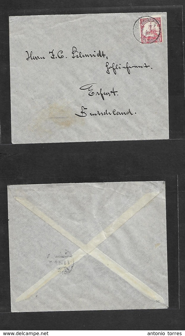 German Col-East Africa. 1900 (5 Feb) MUANZA - Germany, Erfurt. Fkd Env 7 1/2 Ch Red Stamp, Tied Cds. - Andere & Zonder Classificatie