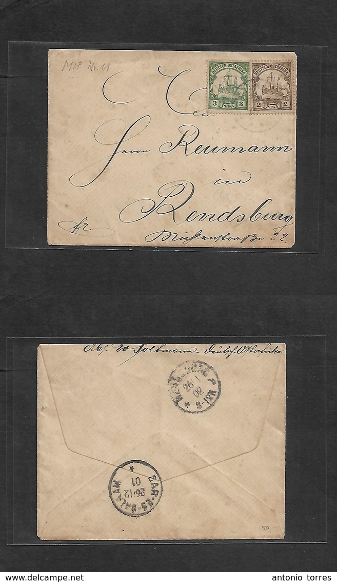 German Col-East Africa. 1901. Linma - Reudsburg, Germany (26 Jan 02) Fkd Env 3p Green + 2p Brown, Cds. Via DES (26 Dec)  - Other & Unclassified