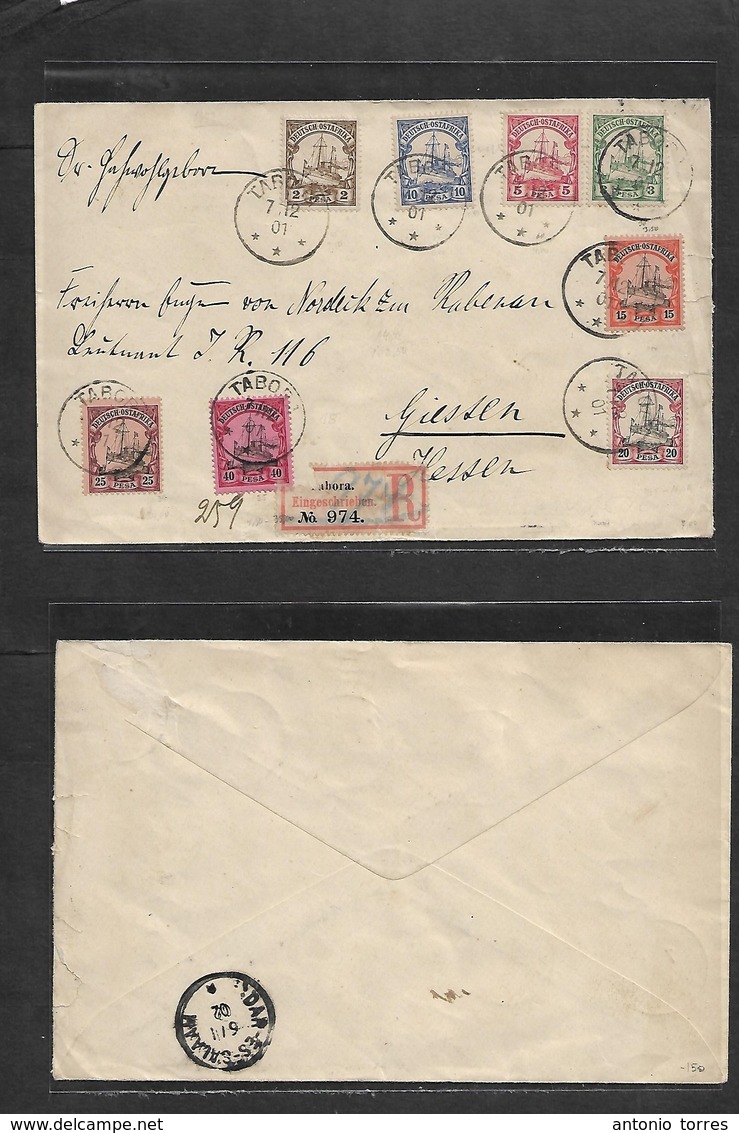 German Col-East Africa. 1901 (7 Dec) Tabora - Giessen, Hesse. Via DES (6 Jan 1902) Registered Multifkd Env. VF + Colorfu - Other & Unclassified