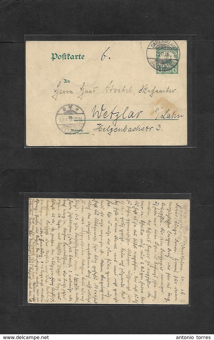 German Col-East Africa. 1906 (25 Nov) DES - Germany, Wetzlar (15 Dec) 4h Green Stat Card. Fine Used. - Other & Unclassified