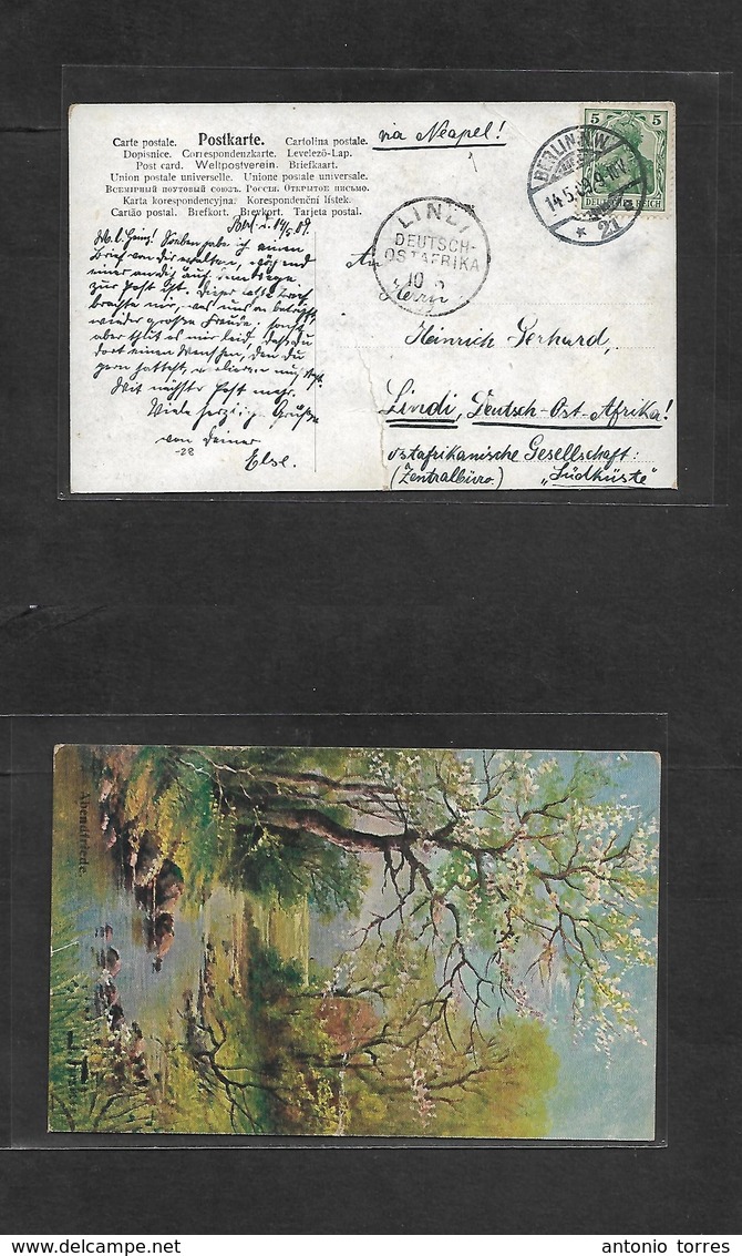German Col-East Africa. 1909 (14 May) Germany, Berlin - Lindi (10 June) Via Naples, Italy. Fkd Color Card. Fine + Arriva - Otros & Sin Clasificación