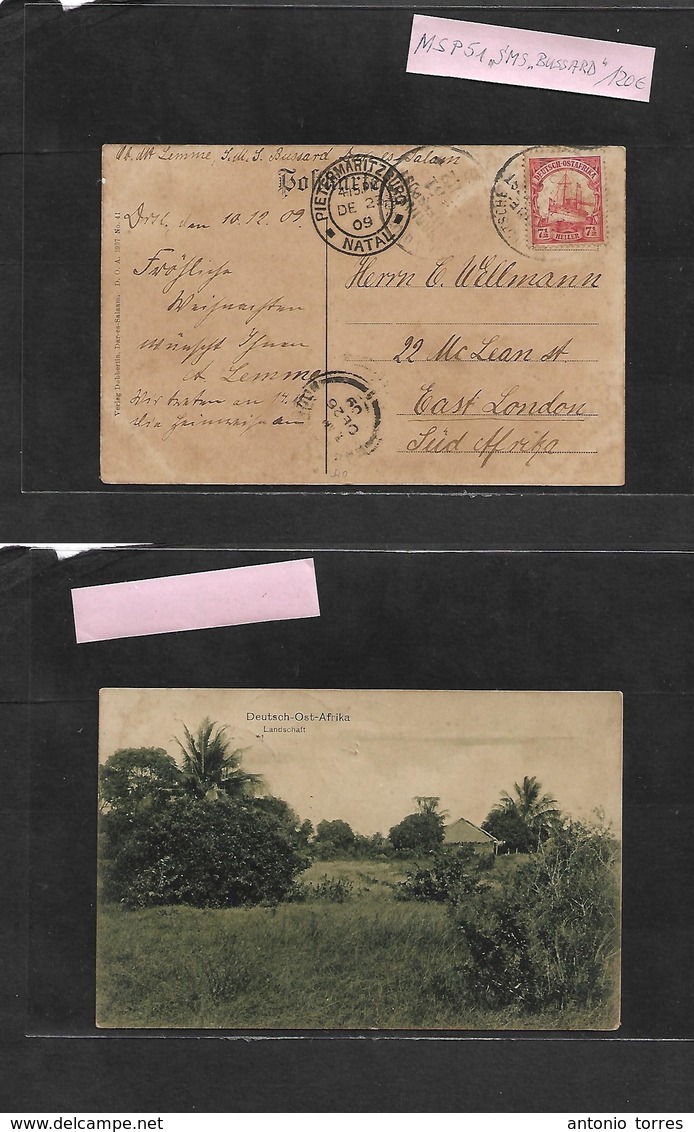 German Col-East Africa. 1909 (10 Dec) DES, SMS Bussard - South Africa, East London (Dec 26) Fkd Ppc 7 1/2h Red, German M - Andere & Zonder Classificatie