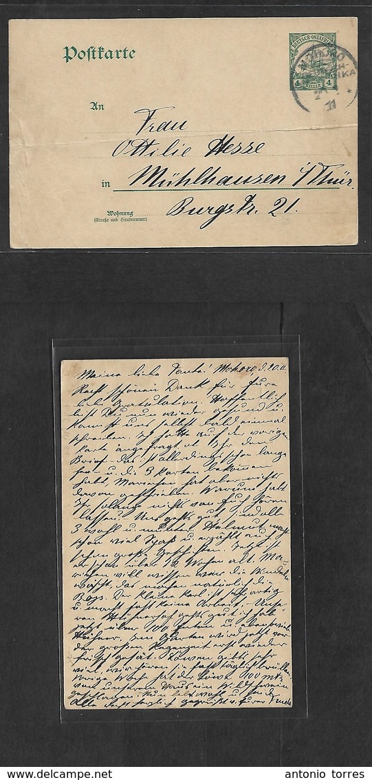 German Col-East Africa. 1911 (20 Jan) Mohoro - Germany, Mühlhausen. 4h Green Stat Card, Cds. Family Long Text. Addressed - Autres & Non Classés