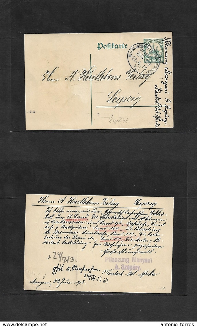 German Col-East Africa. 1913 (23 June) Mangani, Manyoni Plantation. 4h Green Stat Card. TPO Nº 24b Oval Cachet (xxx/R).  - Other & Unclassified