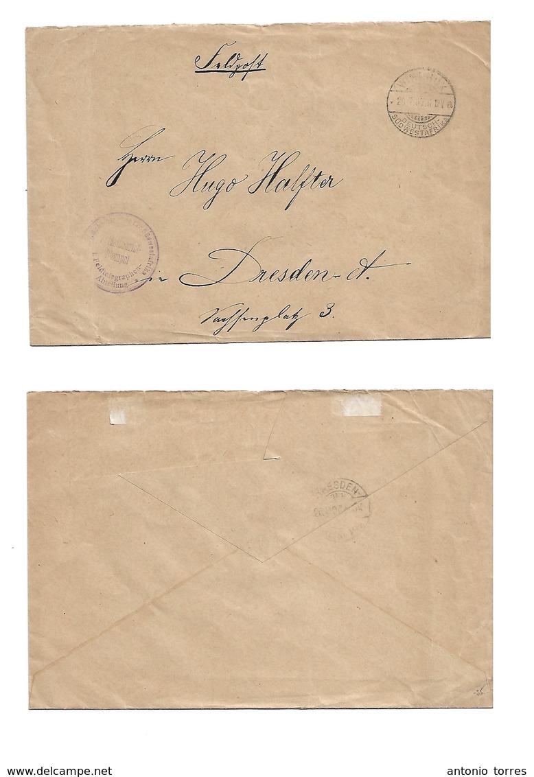 German Col-Swa. 1907 (20 July) Windhuk - Dresden. Feldpost + Company Regist. Envelope Usage. Fine. - Other & Unclassified