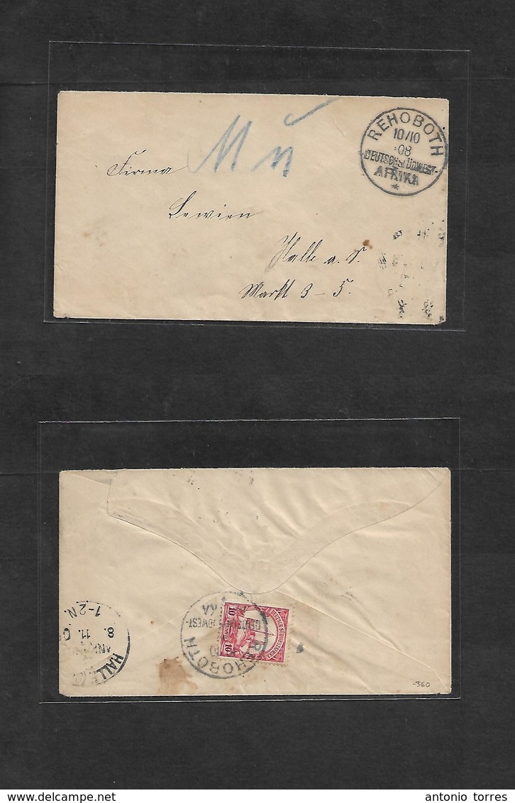 German Col-Swa. 1908 (10 Oct) Rehoboth - Halle, Germany (8 Nov) Reverse Fkd Envelope 10 Pf Red, Tied Cds. Superb Post Ma - Autres & Non Classés
