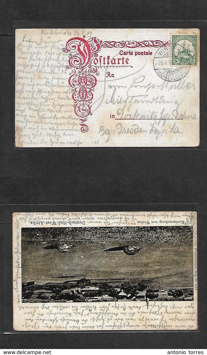 German Col-Swa. 1909 (24-25 Apr) Windhuk - Gorknitz, Germany. Keetmanshoop Fkd 5 Pf Green Photo Card. Family Text. - Other & Unclassified