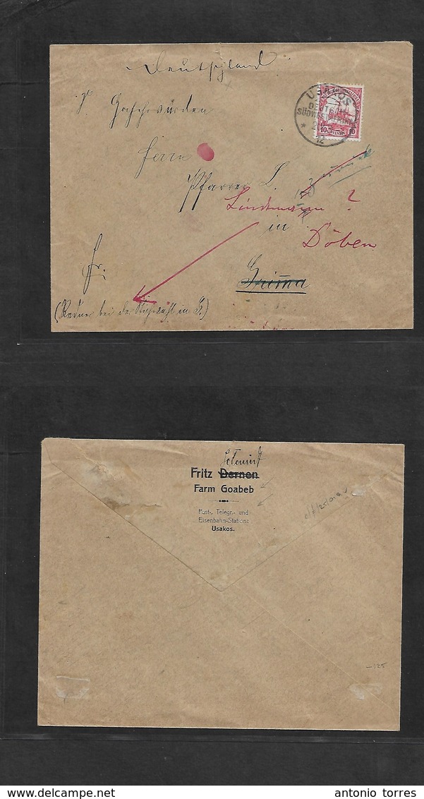 German Col-Swa. 1912 (20 March) USAKOS - Grima, Fwded Dohen. Fkd Env 10 Pf. Very Scarce Cancel Type + Usage. Railway Sta - Andere & Zonder Classificatie