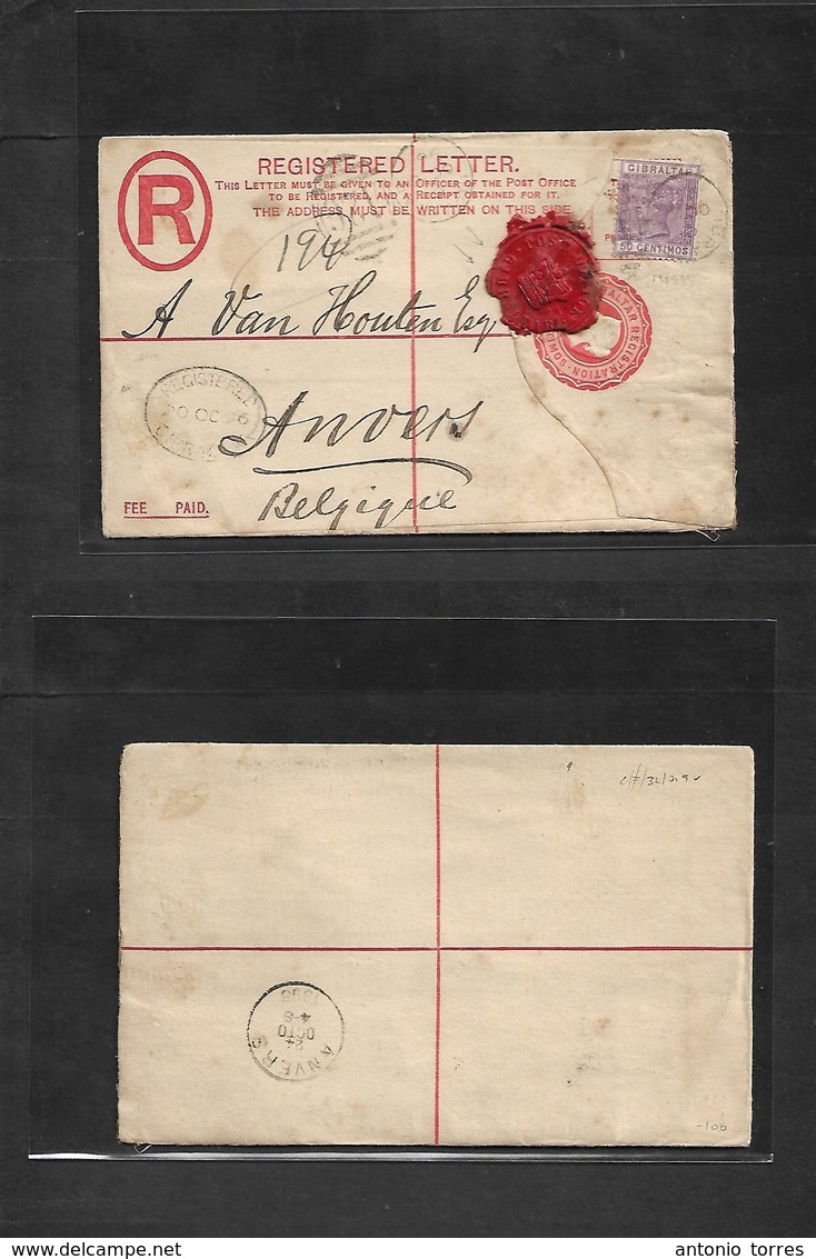 Gibraltar. 1896 (20 Oct) GPO - Belgium, Anvers (24 Oct) Registered 20 Centimos Red Spanish Currency Stationary Envelope  - Gibraltar