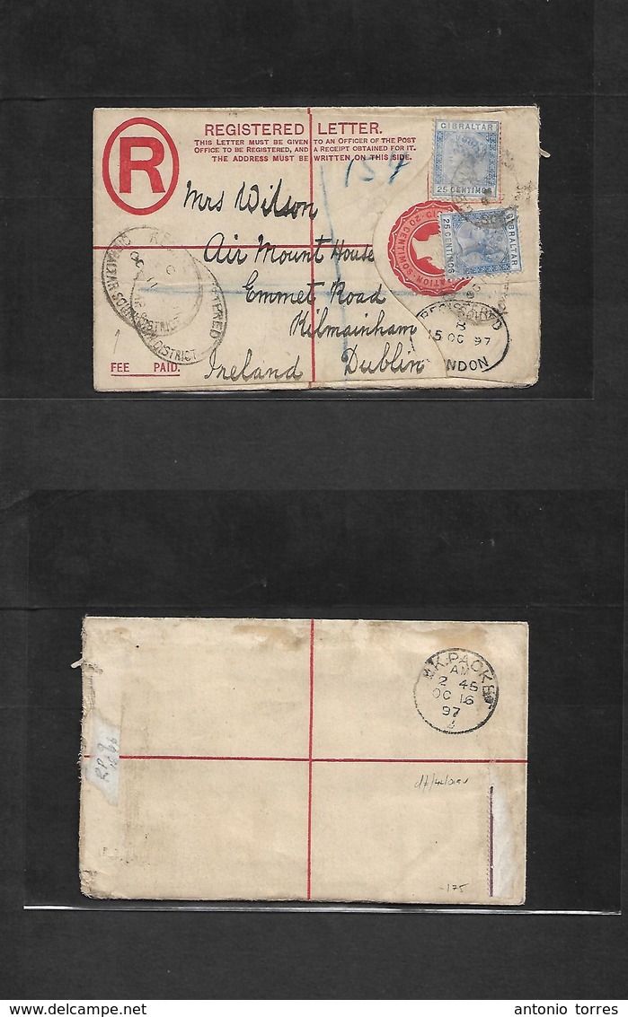 Gibraltar. 1897 (Oct 11) "South District" - Ireland, Dublin, Kilmainham (16 Oct) Registered Spanish Currency 20 Centimos - Gibraltar