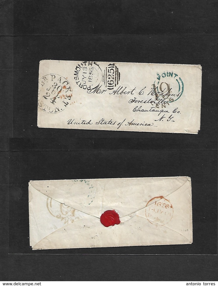 Great Britain. 1856 (18 July) Point, Portsmouth - USA, FORESTVILLE, NJ. Stampless Envelope Depart Blue And Black Cds. BR - ...-1840 Precursores