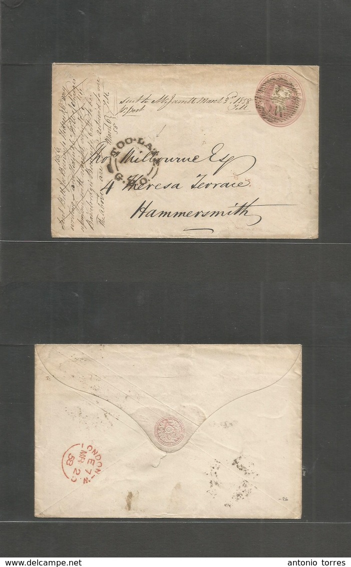 Great Britain - Stationery. 1858 (20 March) London - Hammersmith Local 1d Red Embossed Stat Env / With "too-late/GPO" Ca - ...-1840 Prephilately