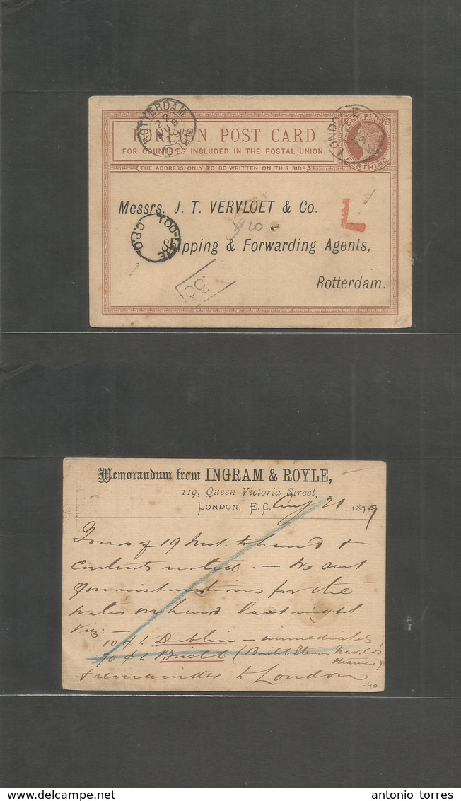 Great Britain - Stationery. 1879 (21 Aug) London - Netherlands, Rotterdam (22 Aug) 1d / Farthing Stat Card "too Late/ GP - ...-1840 Préphilatélie