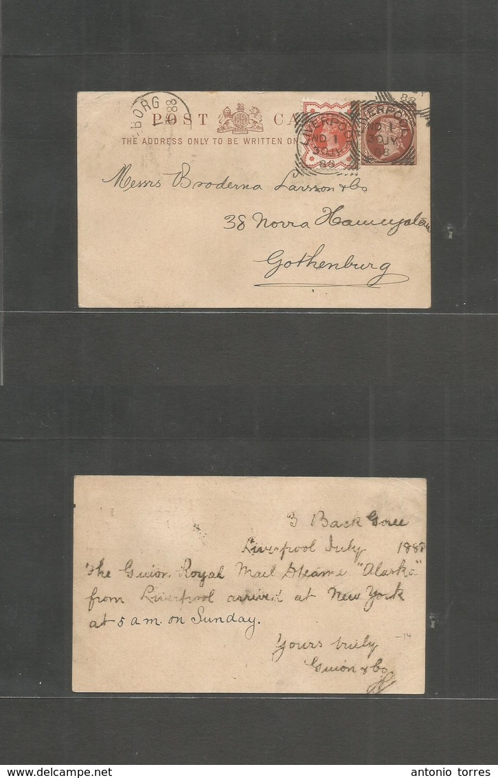 Great Britain - Stationery. 1888 (Nº1) Liverpool - Gothenburg, Sweden 1/2d Brown + Adtl Stat Card With Arrival. Fine. - ...-1840 Préphilatélie