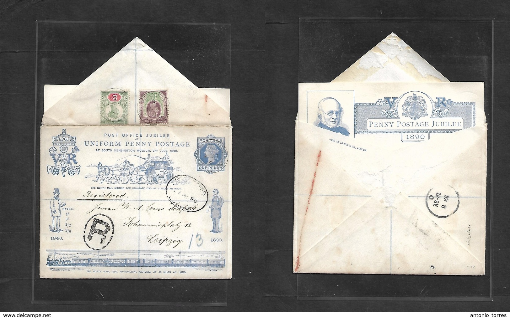 Great Britain. 1890 (27 Aug) PO Jubilee. London - Germany, Leipzig (29 Aug) Registered 1d Blue Illustrated Comm Envelope - ...-1840 Vorläufer