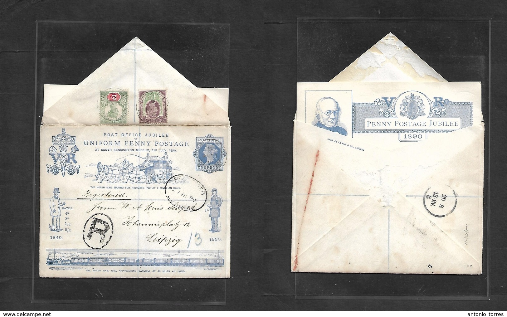 Great Britain. 1890 (27 Aug) PO Jubilee. London - Germany, Leipzig (29 Aug) Registered 1d Blue Illustrated Comm Envelope - ...-1840 Voorlopers