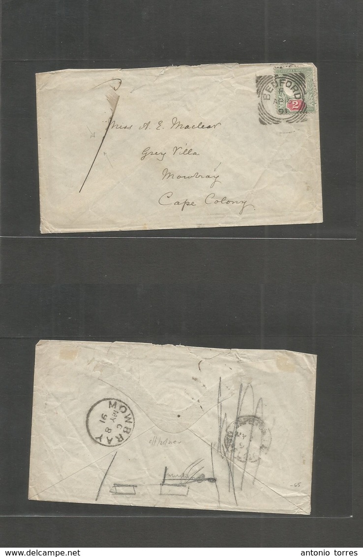 Great Britain. 1891 (Apr 6) Bedford - South Africa, Mowbray, Cape Colony (May 8) 2d Fkd Envelope QV + "1d" Mns Charges.  - ...-1840 Préphilatélie