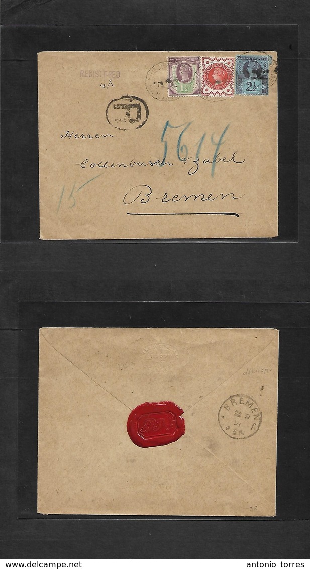 Great Britain. 1891 (21 Sept) Markslane - Germany, Bremen (22 Sept) Registered Tricolor Fkd Env. Very Nice. - ...-1840 Precursori