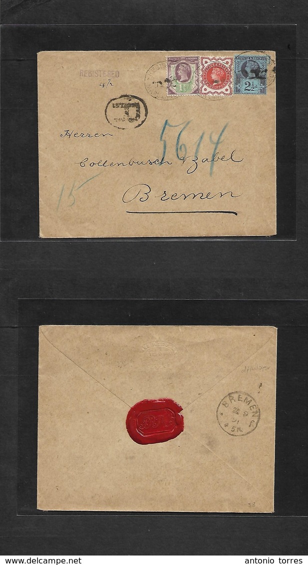 Great Britain. 1891 (21 Sept) Markslane - Germany, Bremen (22 Sept) Registered Tricolor Fkd Env. Very Nice. - ...-1840 Voorlopers
