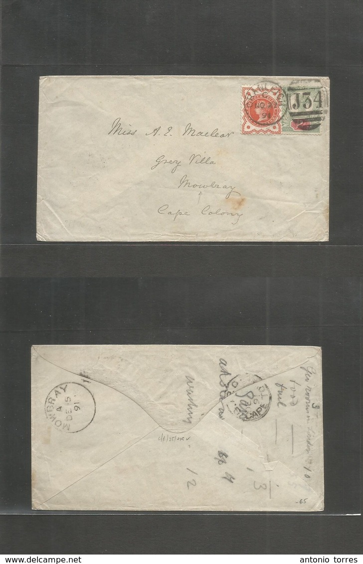 Great Britain. 1891 (22 Nov) Cranlergh) South Africa, Mowbray, Cape Colony (Dec 15) 2d + 1/2d Fkd Env. VF. - ...-1840 Préphilatélie