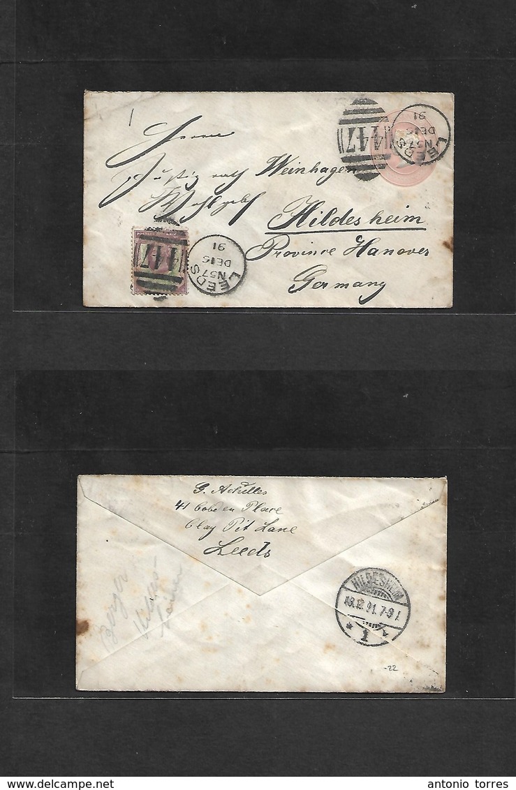 Great Britain - Stationery. 1891 (Dec 15) Leeds - Germany, Hiildesheim (18 Dec) QV 1d Rose Stat Env + 1 1/2d Adtl, Tied  - ...-1840 Préphilatélie