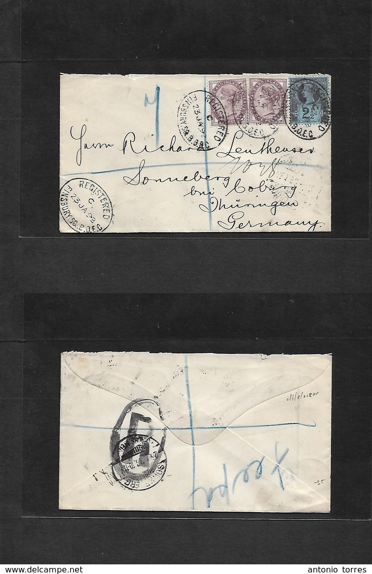 Great Britain. 1893 (23 Jan) Finsbury - Germany, Thuringen (25 Jan) Registered Multifkd Env Fine. - ...-1840 Prephilately