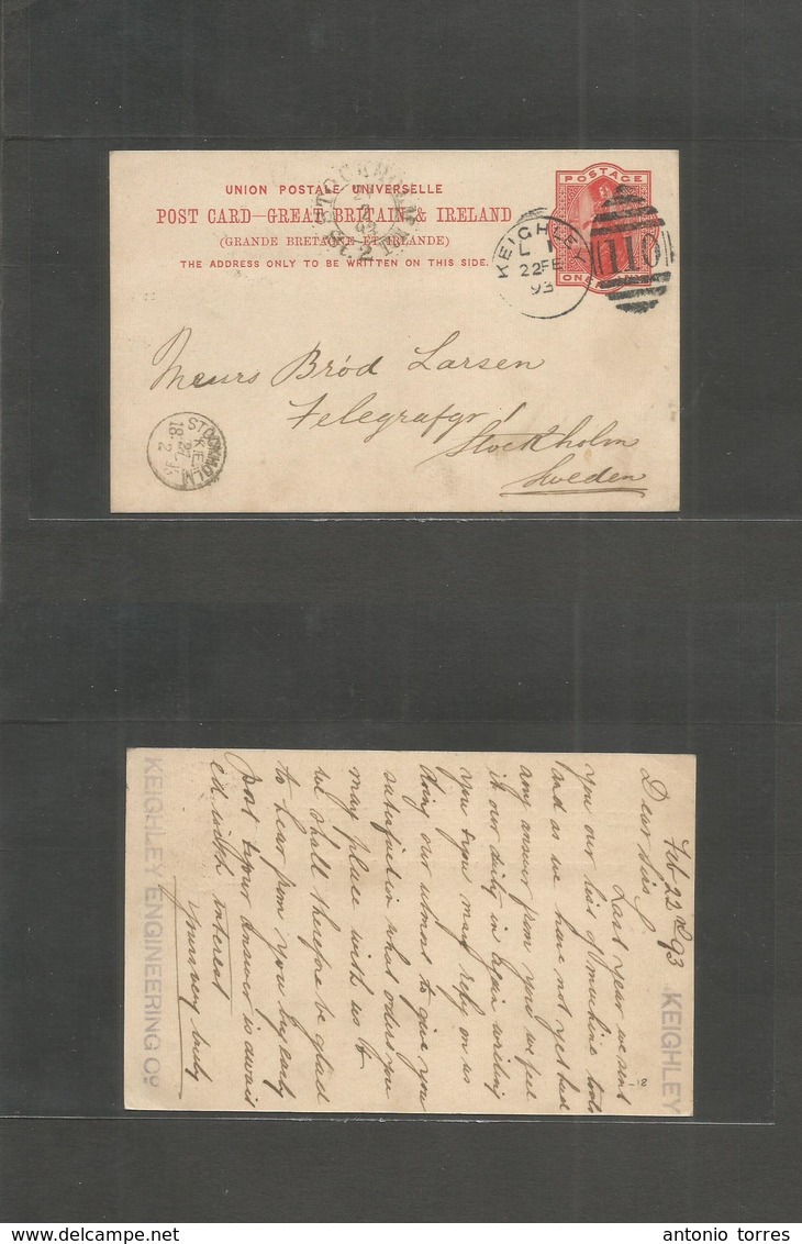 Great Britain - Stationery. 1893 (22 Feb) Keighley - Sweden, Stockholm (27 Febr) 1d Red Stat Card. Fine Used. - ...-1840 Préphilatélie