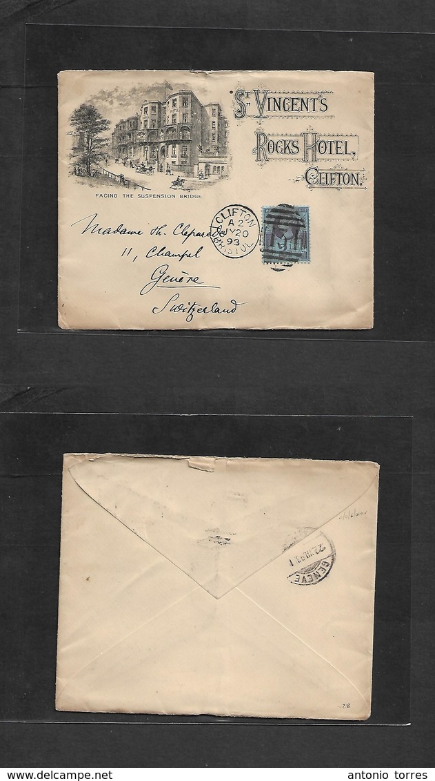 Great Britain. 1893 (July 20) Clifton, Bristol - Switzerland, Geneve (22 July) St. Vincents, Rocks, Hotel Illustrated Fk - ...-1840 Prephilately