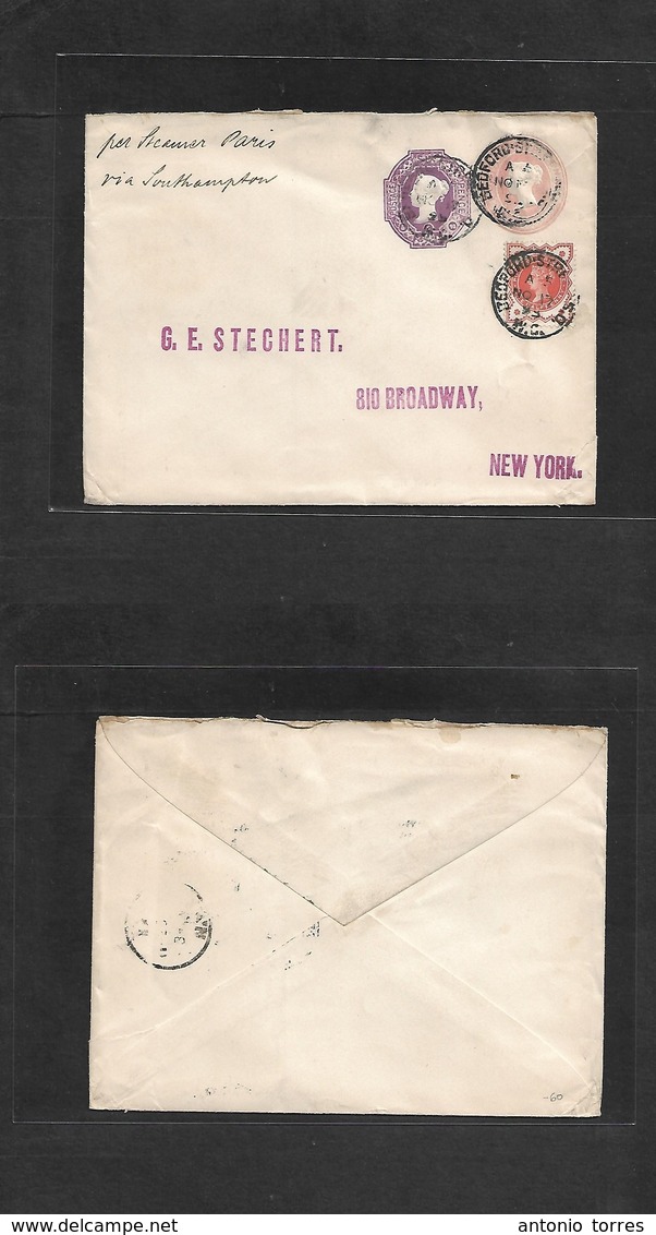 Great Britain - Stationery. 1893 (Nov 17) London, Bedford St - USA, NYC 1d + 6d Embossed Doble Print Stationery Envelope - ...-1840 Precursores