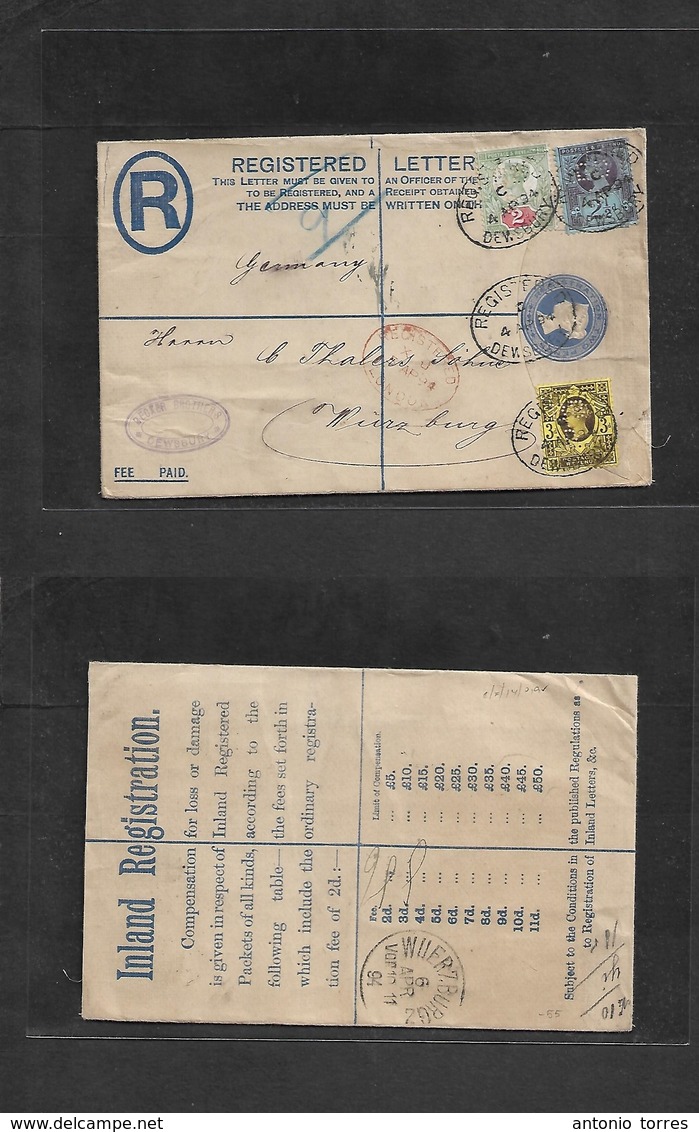 Great Britain - Stationery. 1894 (4 April) Dewsbury - Germany, Wunzburg (6 Apr) Registered 2d Blue Stat Env + 3 Adtl PER - ...-1840 Préphilatélie