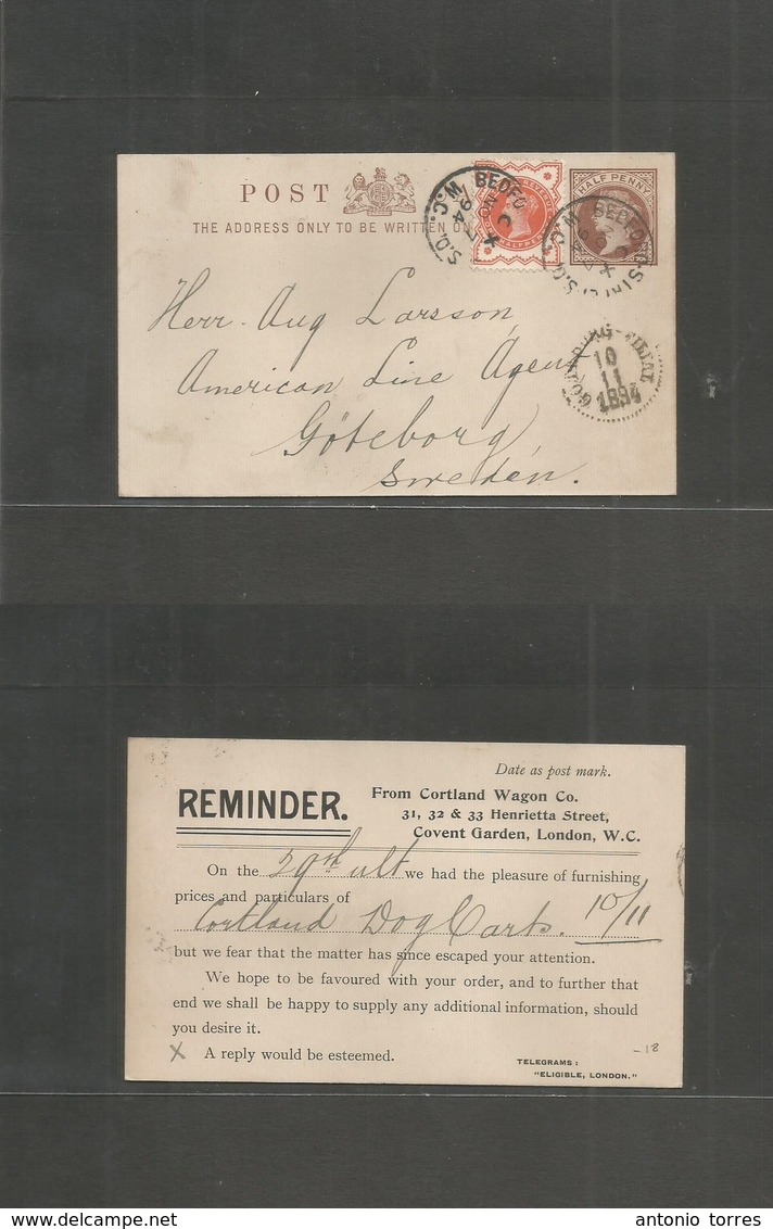 Great Britain - Stationery. 1894 (Nov 7) Bedford St / Covent Garden - Sweden, Gottenburg 1/2d Brown Stat Card + 1/2d Ora - ...-1840 Voorlopers