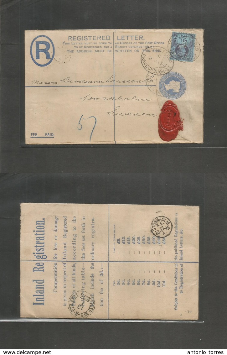 Great Britain - Stationery. 1895 (11 Jan) London, Gracechurch St - Sweden, Stockholm (14 Jan) Registered 2d Blue Stat En - ...-1840 Prephilately